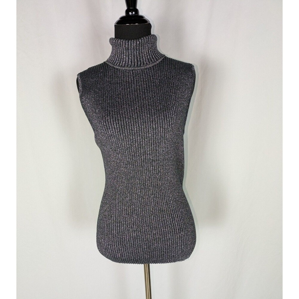 Preswick & Moore Sweater L Women's Silver Metallic Turtleneck Sleeveless Ribbed